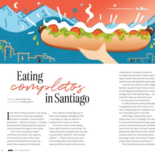 Woman eating a Chilean hotdog or completos by Vicky Scott