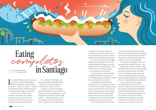 Woman eating a Chilean hotdog or completos by Vicky Scott
