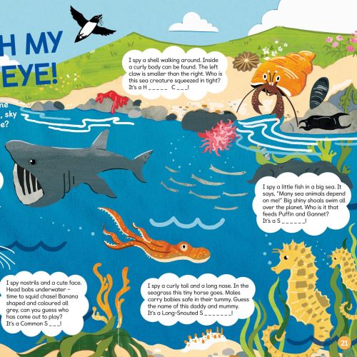 Colorful seaside scene with various sea creatures and a shark