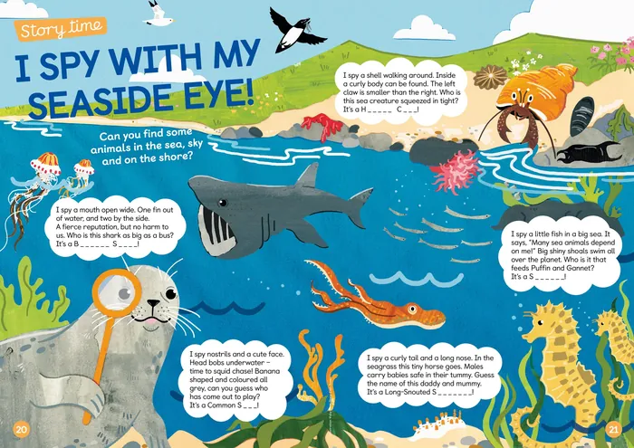 Colorful seaside scene with various sea creatures and a shark