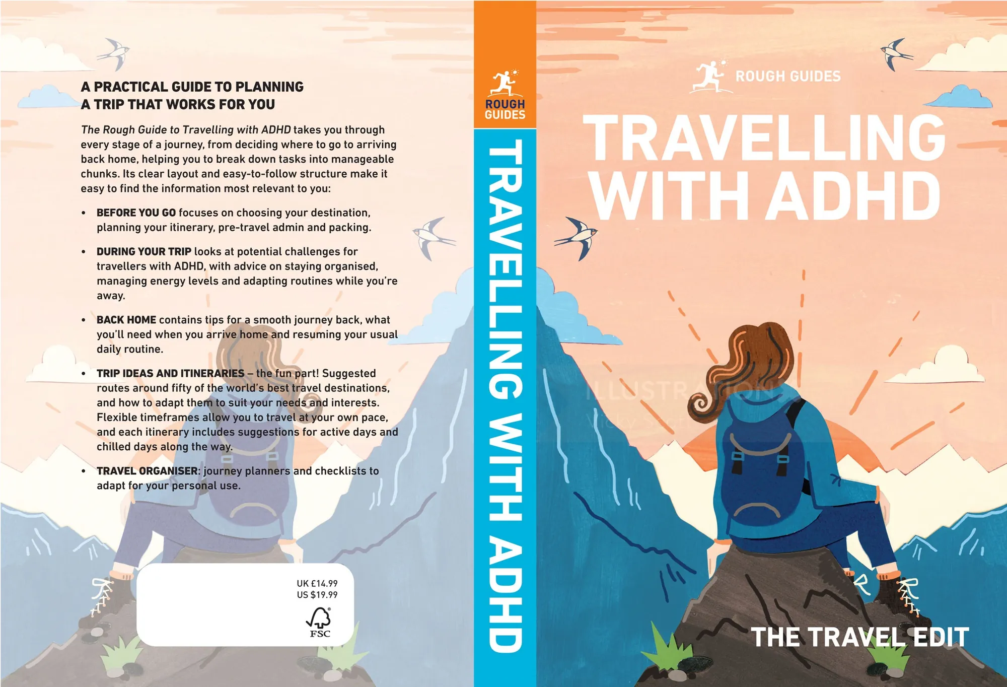 Buchcover einer Frau, die in den Bergen wandert, mit dem Titel „Reisen mit ADHS“ von Vicky Scott
