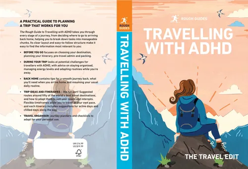 Buchcover einer Frau, die in den Bergen wandert, mit dem Titel „Reisen mit ADHS“ von Vicky Scott