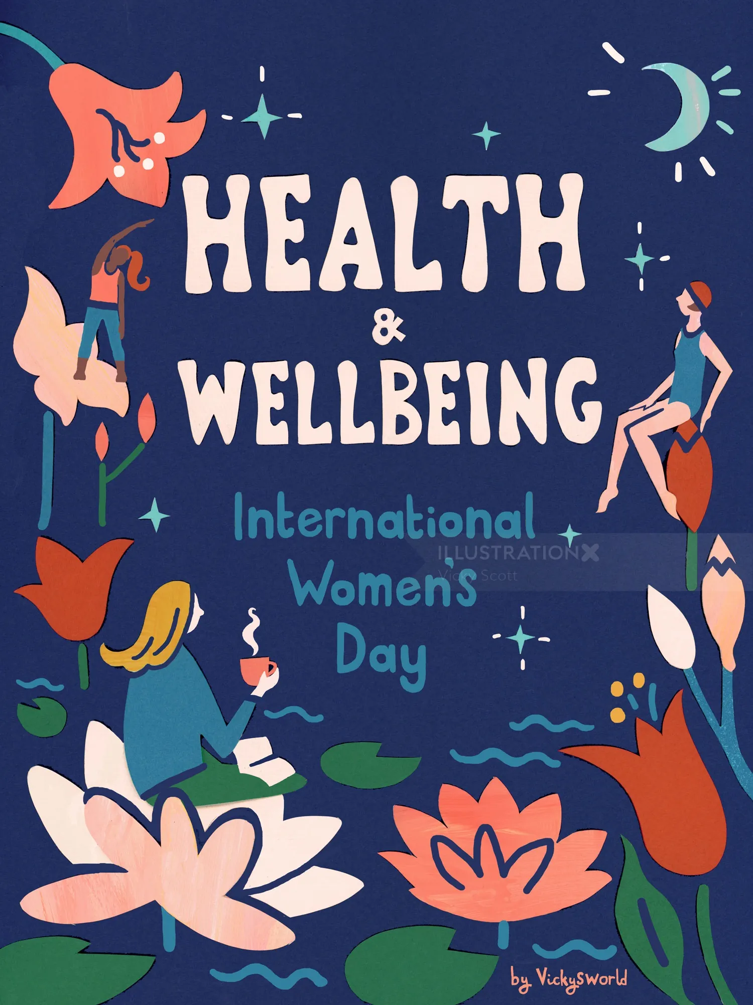 Magical poster with lilies and tulips promoting Women's Day health event by Vicky Scott