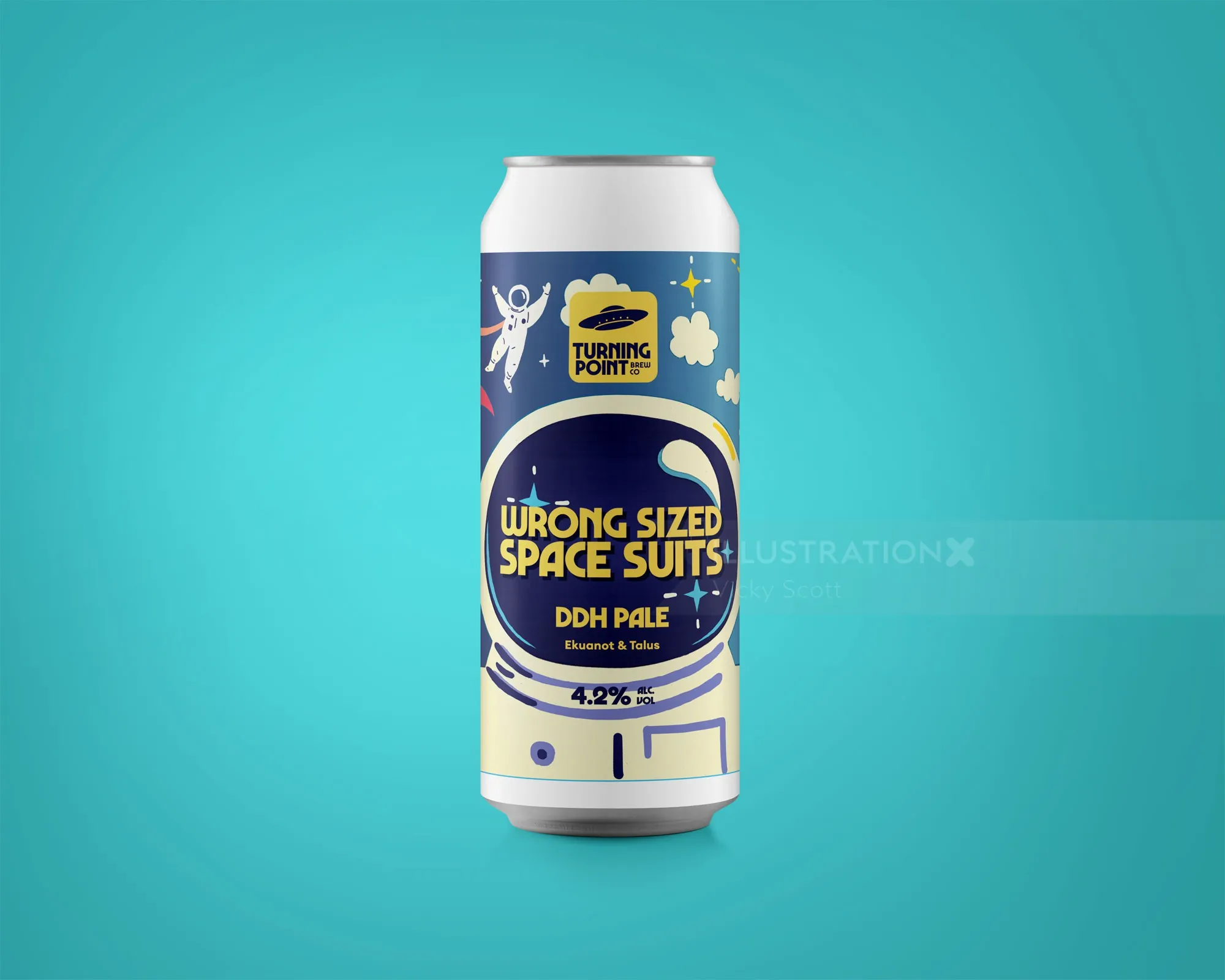 Beer can with space suit design by Vicky Scott