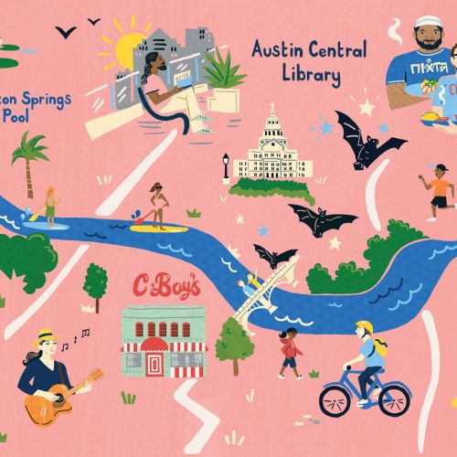 Illustrated map of Austin Texas with landmarks and activities by Vicky Scott