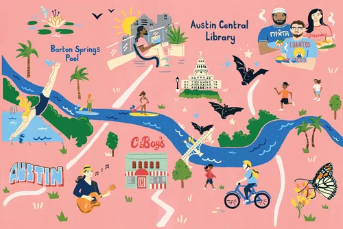 Illustrated map of Austin Texas with landmarks and activities by Vicky Scott