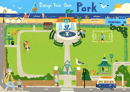 Illustrated seaside park map with beach, fountain, gulls, and tourist bus by Vicky Scott
