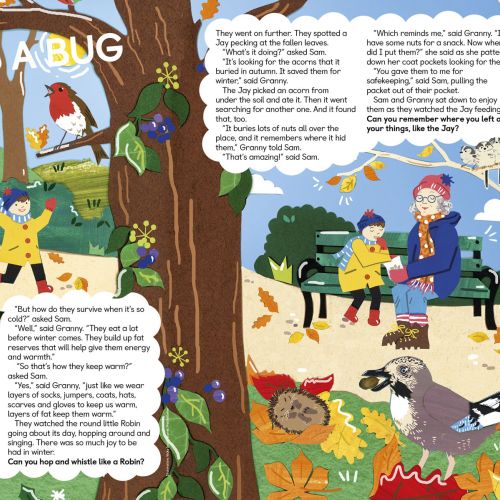 Child and grandma spotting wildlife on a winter walk with hedgehogs and birds by Vicky Scott