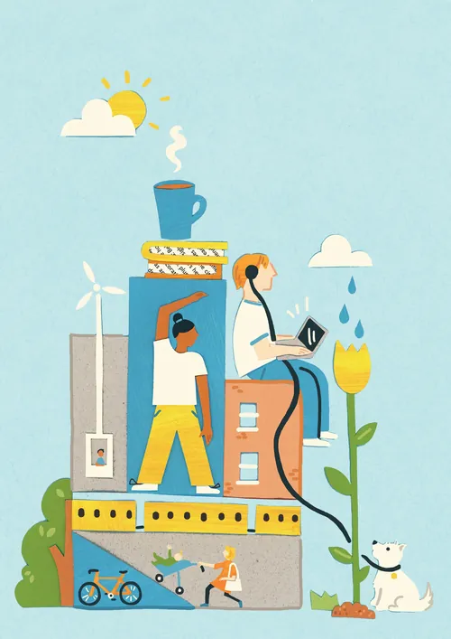 Illustration of diverse people in a city environment by Vicky Scott
