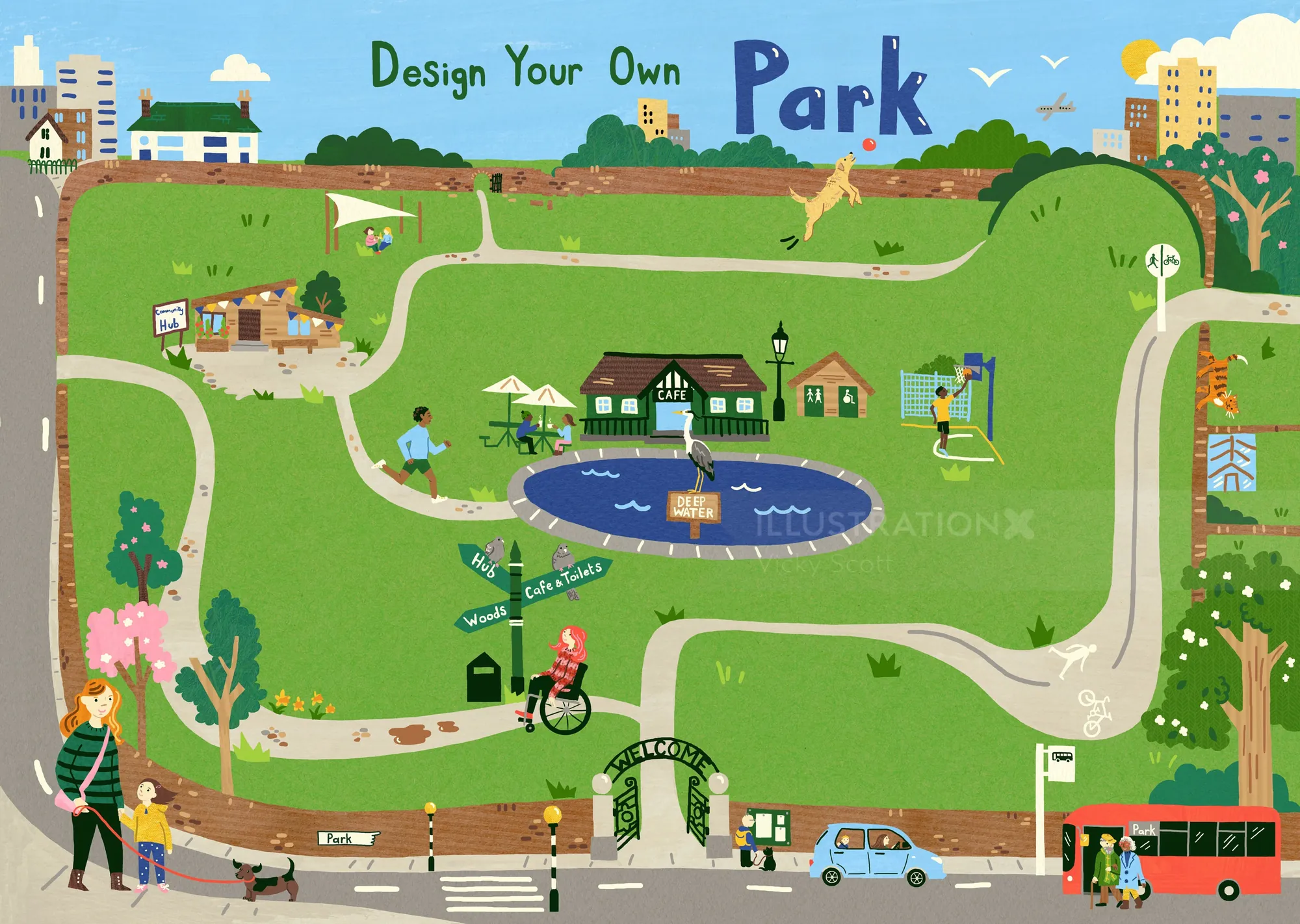 Illustrated urban park map showing paths, pond, playground, and visitors by Vicky Scott