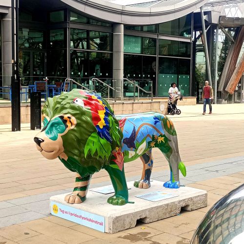 Safari-inspired lion sculpture by Vicky Scott outside Sheffield Winter Gardens