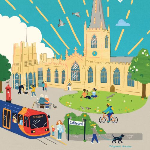 Illustration by Vicky Scott showing Sheffield Cathedral, buses, cyclists, and visitors
