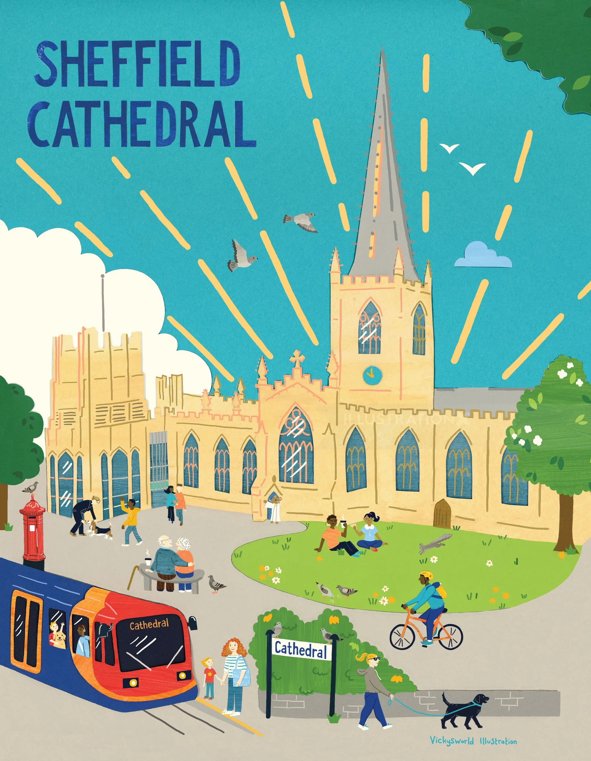 Illustration par Vicky Scott montrant la cathédrale de Sheffield, des bus, des cyclistes et des visiteurs