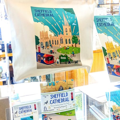 Vicky Scott Sheffield Cathedral illustration merchandise displayed in a shop