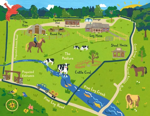 Illustrated ranch map by Vicky Scott with barns, pasture, creek, horses, and cattle