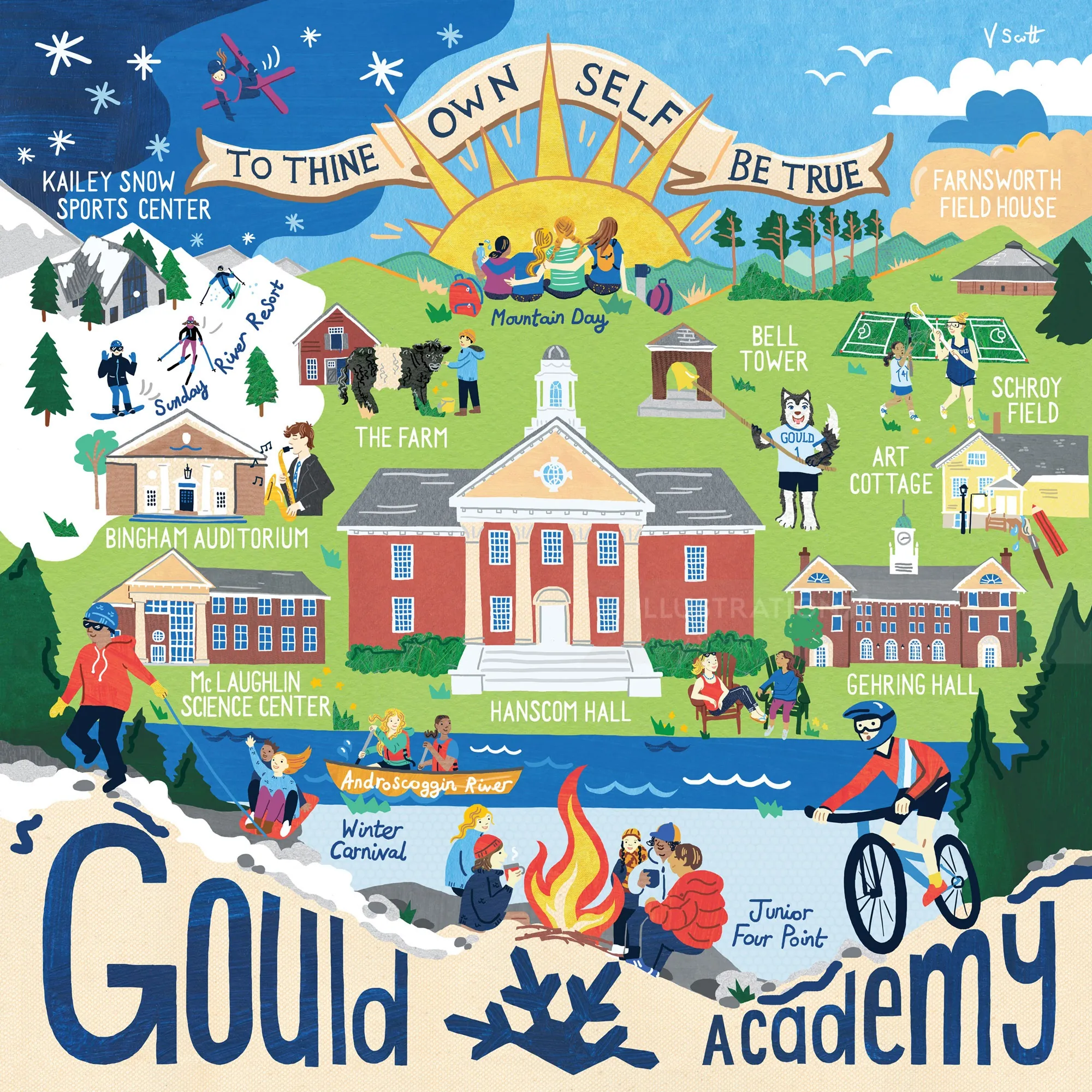 Ilustração de Vicky Scott mostrando o campus da Gould Academy, esqui, música e atividades ao ar livre.