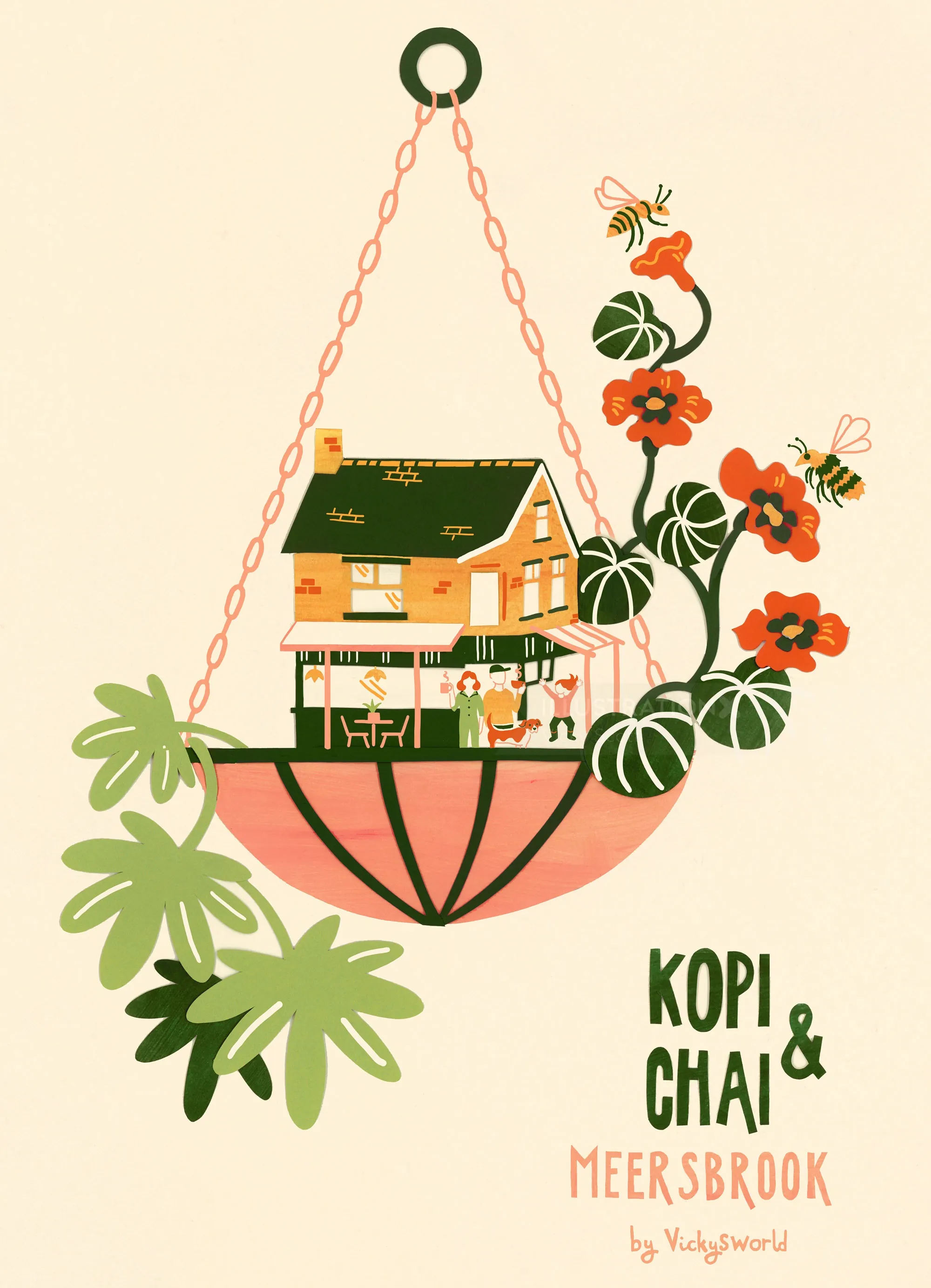 Ilustración del café Kopi & Chai en una cesta colgante (Vicky Scott).