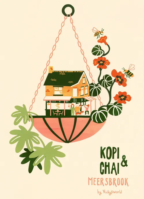 Ilustración del café Kopi & Chai en una cesta colgante (Vicky Scott).