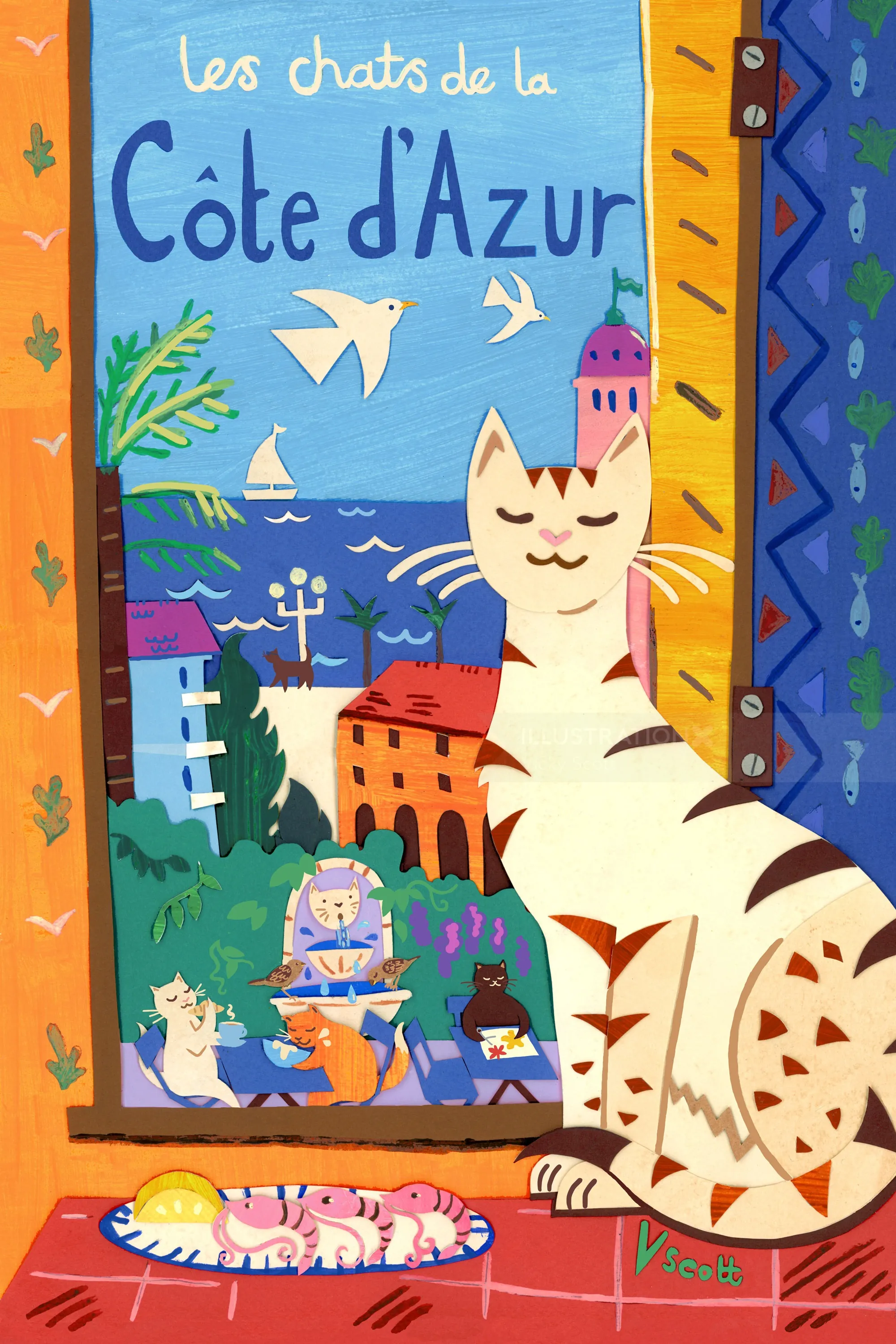 Vicky Scott illustration of a cat overlooking the Côte d’Azur sea