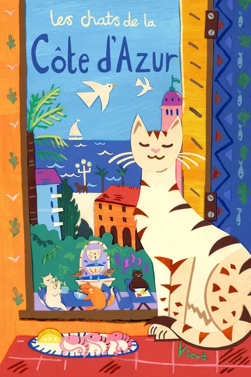 Vicky Scott illustration of a cat overlooking the Côte d’Azur sea