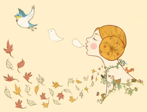autumn, deer, rabbit, leaves, birds, girl, blackbird, mushrooms