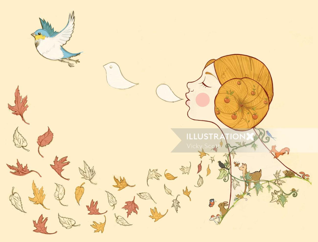 outono, veado, coelho, folhas, pássaros, menina, melro-preto, cogumelos