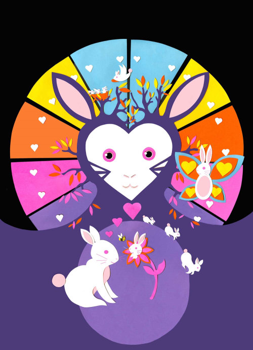 rabbit, rabbits, bunnies, butterfly, hearts, trees, nest, flowers