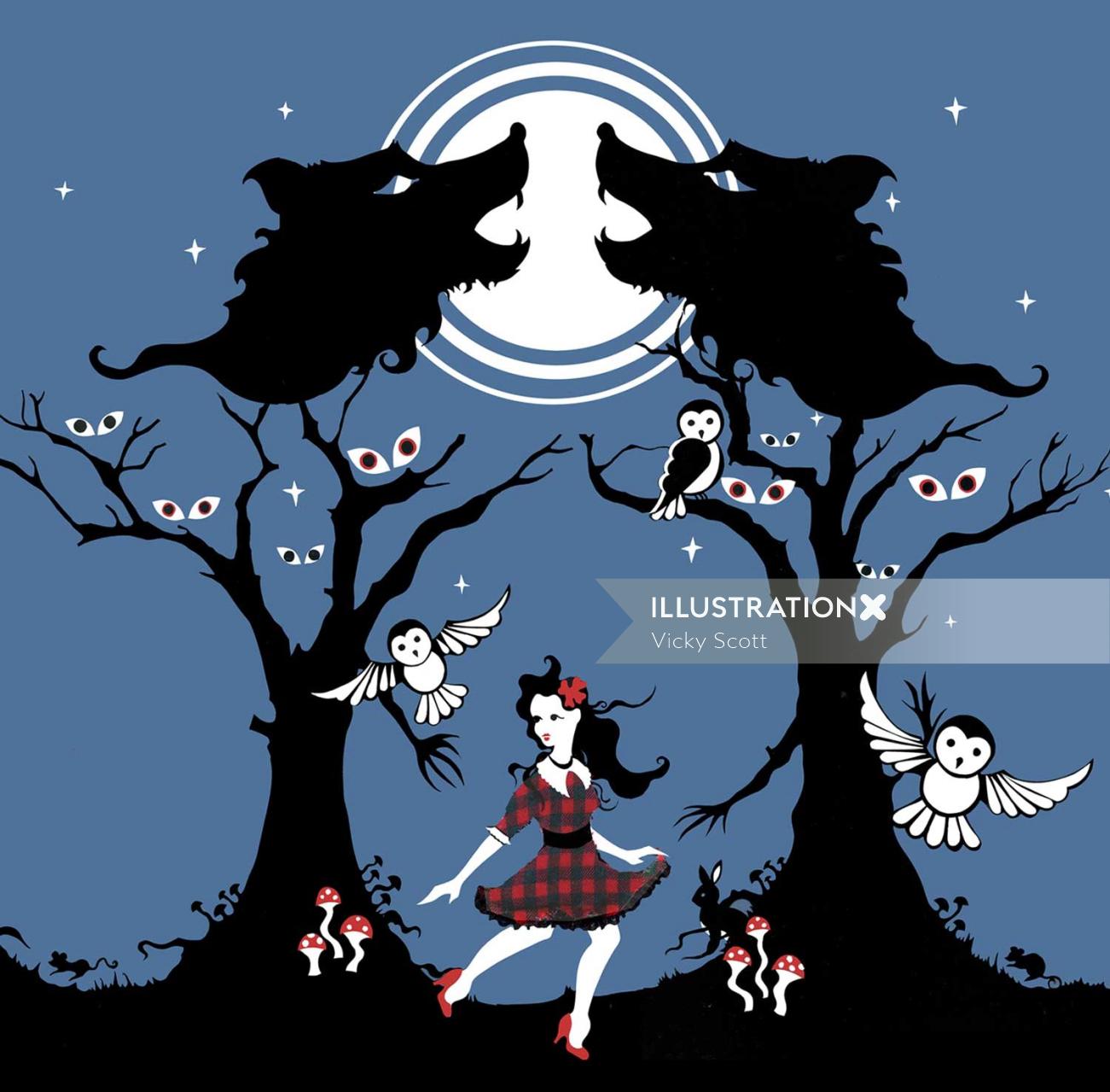 wolves, wolf, owls, girl, night, mushrooms, bunny, rabbit, mice, mouse