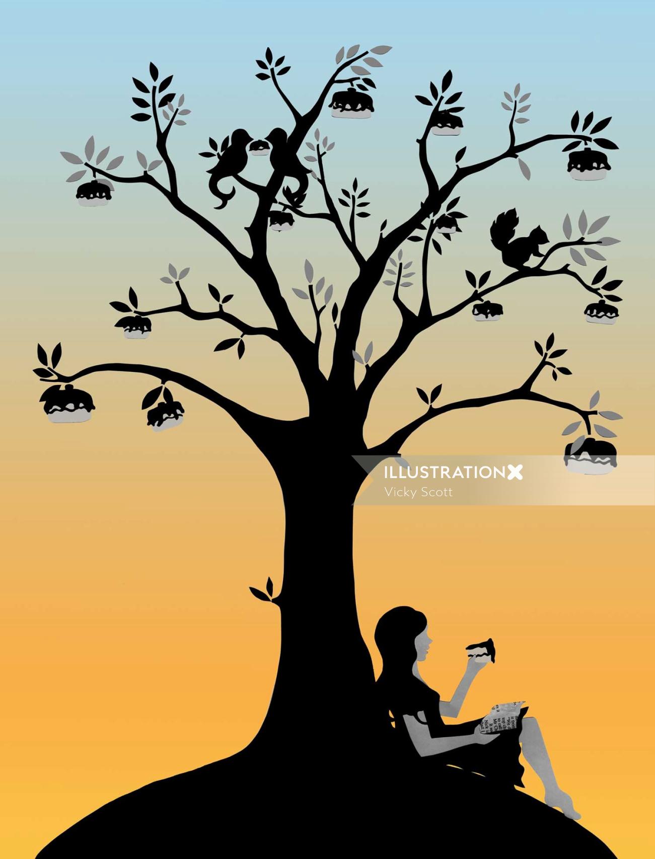 ilustração do sol, garota abaixo da árvore