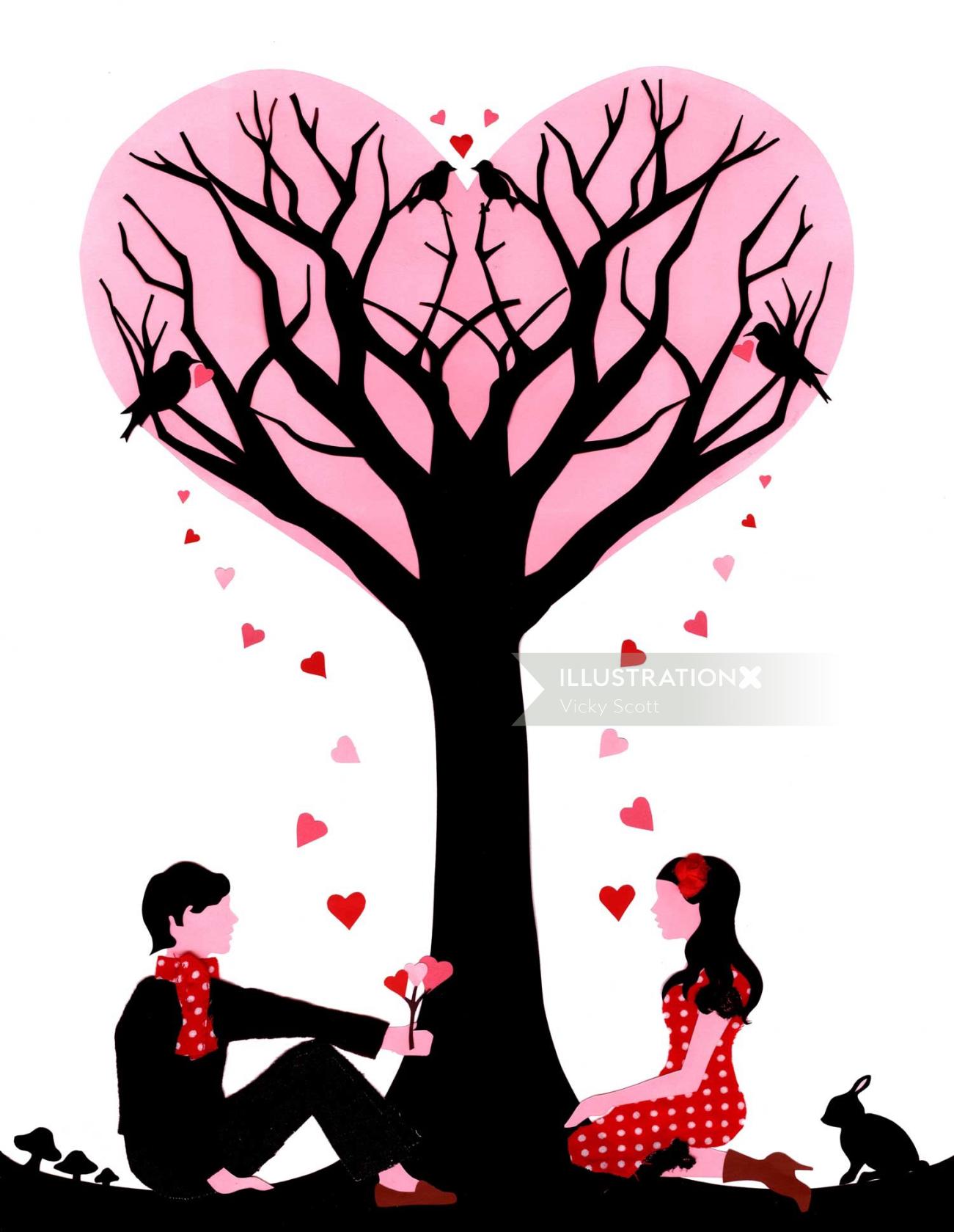 Lovers under tree illustration by Vicky Scott