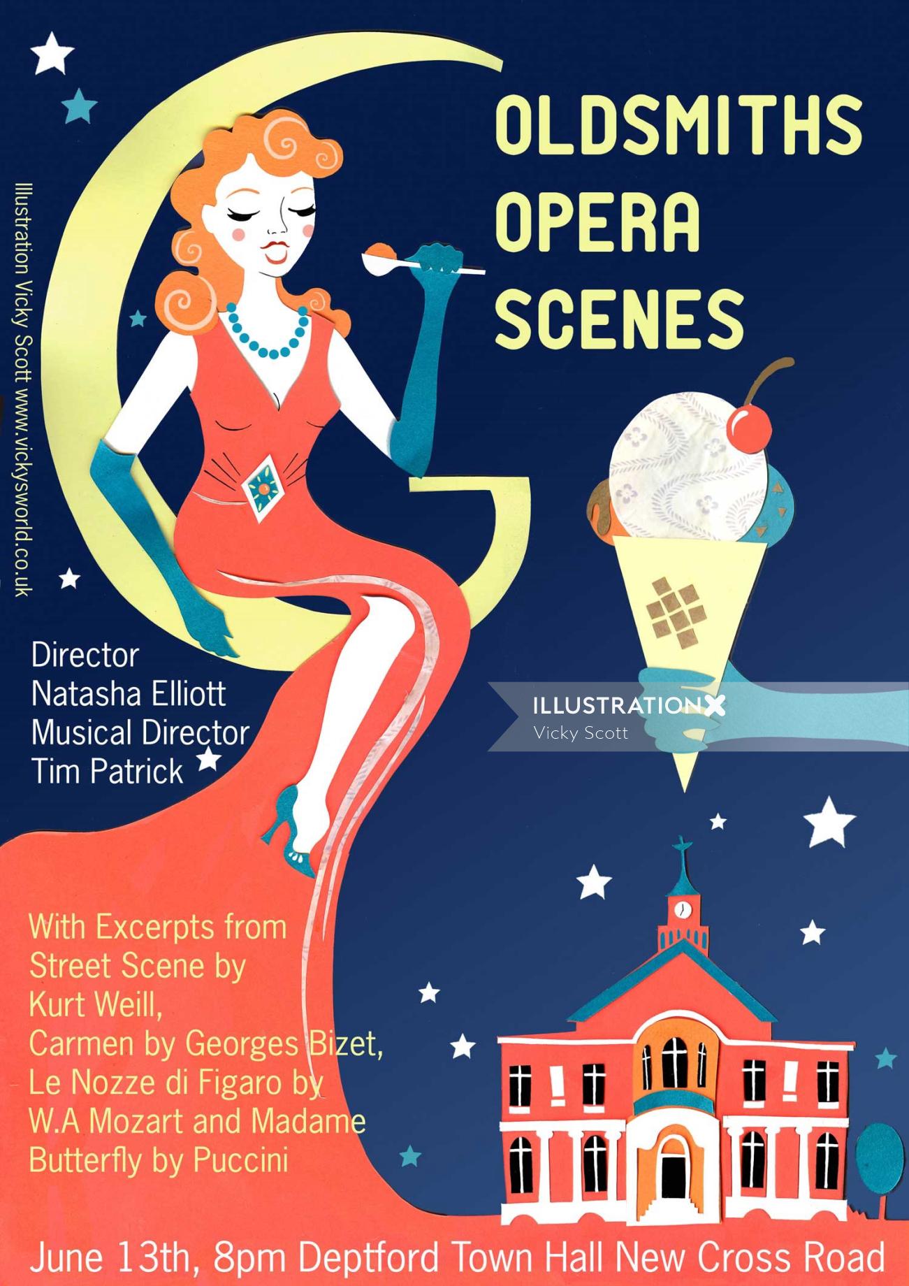opera, 1940's, ice cream, moon, night, singing, vintage