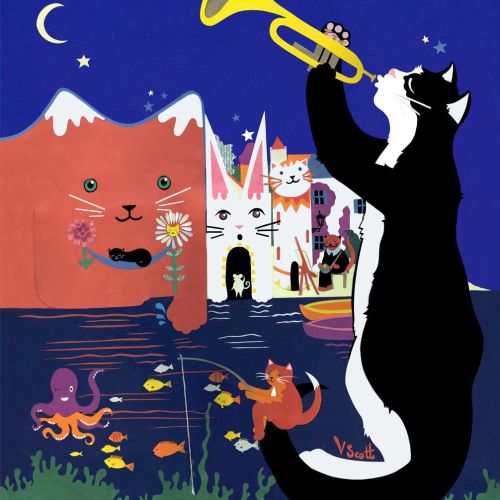 cats, spain, jazz, dali, night, cheshire cat, fishing, boats, village, seaside, sea, flowers, stars