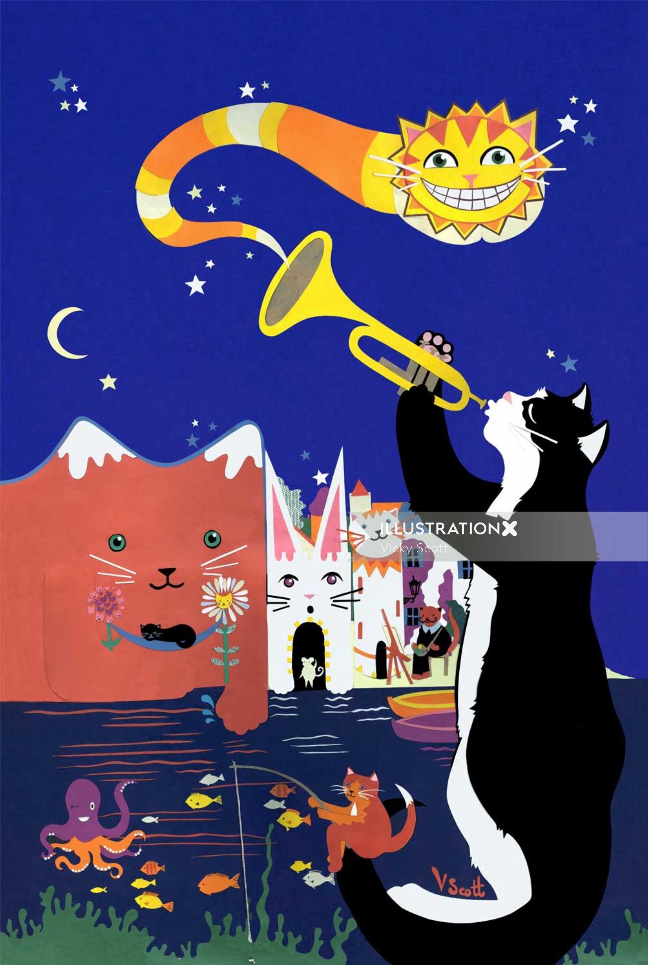 cats, spain, jazz, dali, night, cheshire cat, fishing, boats, village, seaside, sea, flowers, stars