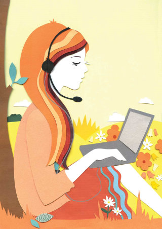 Ilustración de niña con computadora portátil por Vicky Scott