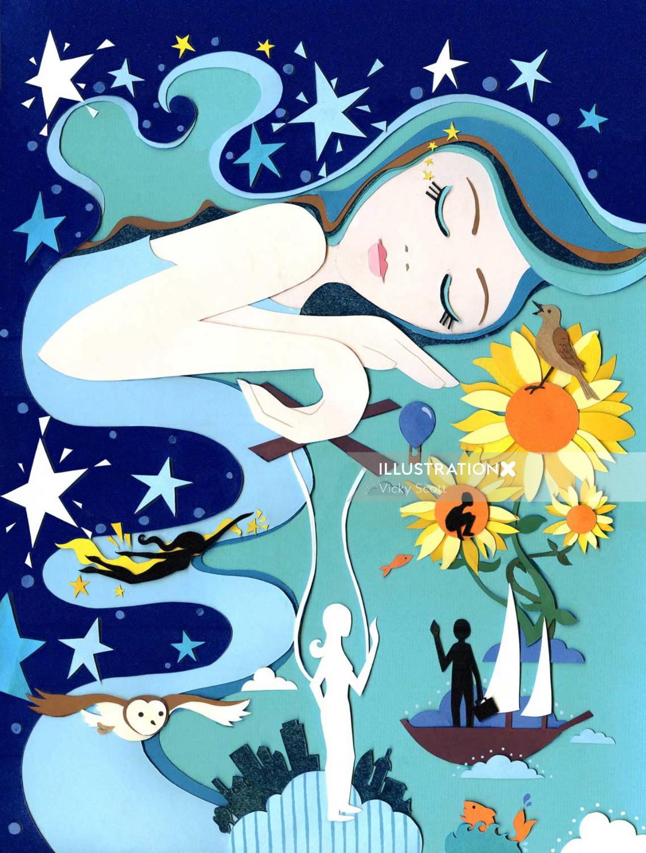 dreams, lady, sunflowers, flying, stars, owl, boat, sleep