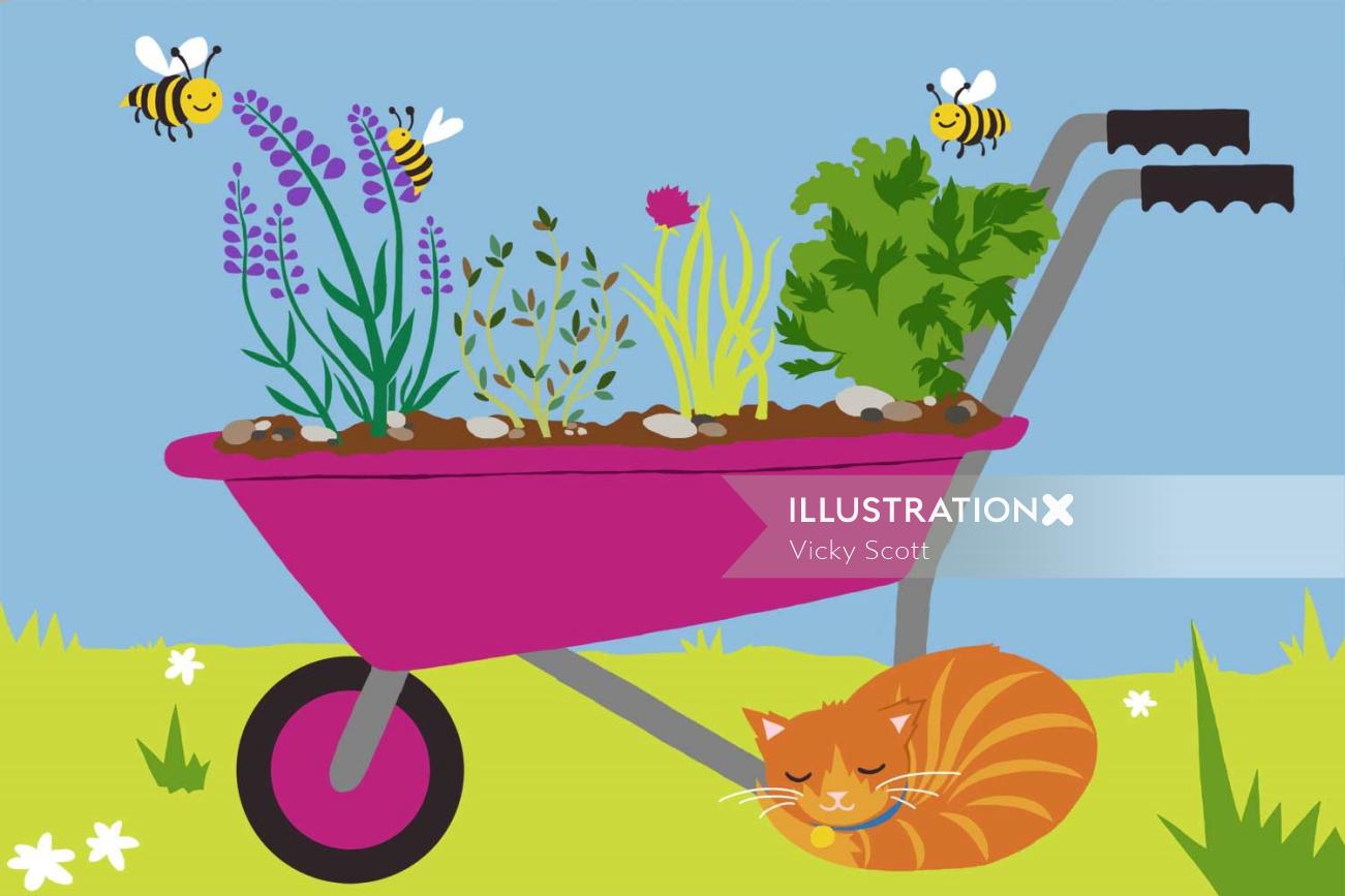 Graphic Cat in the garden cart