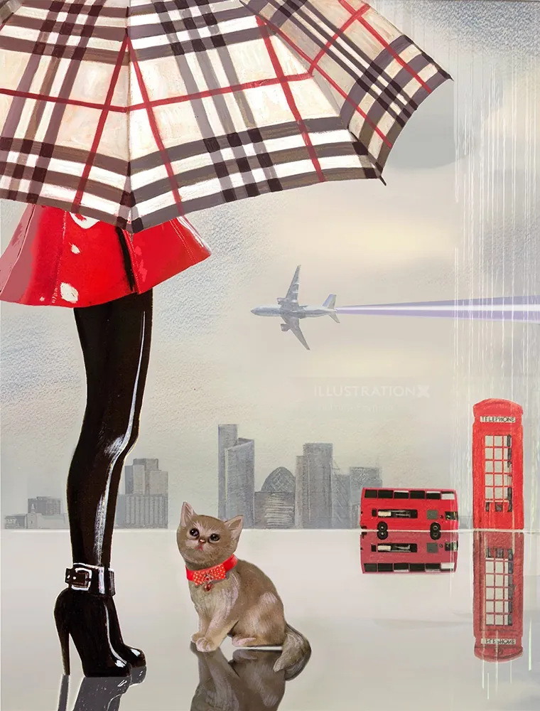 Illustration of woman holding umbrella and cat with city skyline by Victoria Fomina