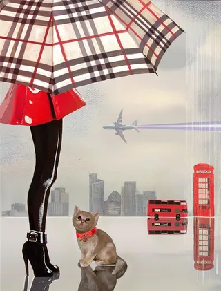 Illustration of woman holding umbrella and cat with city skyline by Victoria Fomina