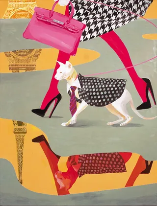 Stylish woman with red tights walking a dog in polka dot coat by Victoria Fomina