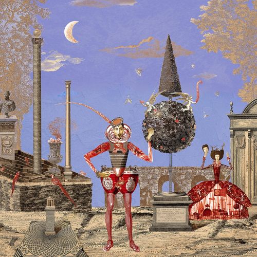 Surreal mechanical figures in classical ruins under crescent moon by Victoria Fomina