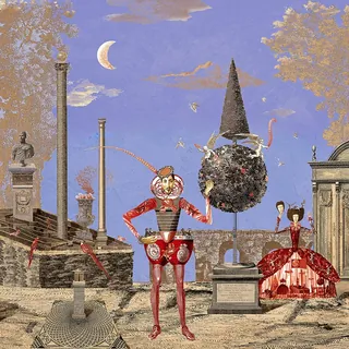 Surreal mechanical figures in classical ruins under crescent moon by Victoria Fomina