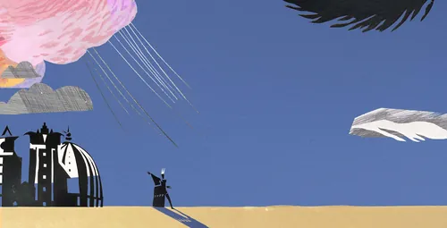 Stylized theatrical scene under a blue sky with clouds by Victoria Fomina