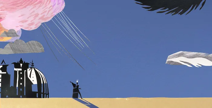 Stylized theatrical scene under a blue sky with clouds by Victoria Fomina