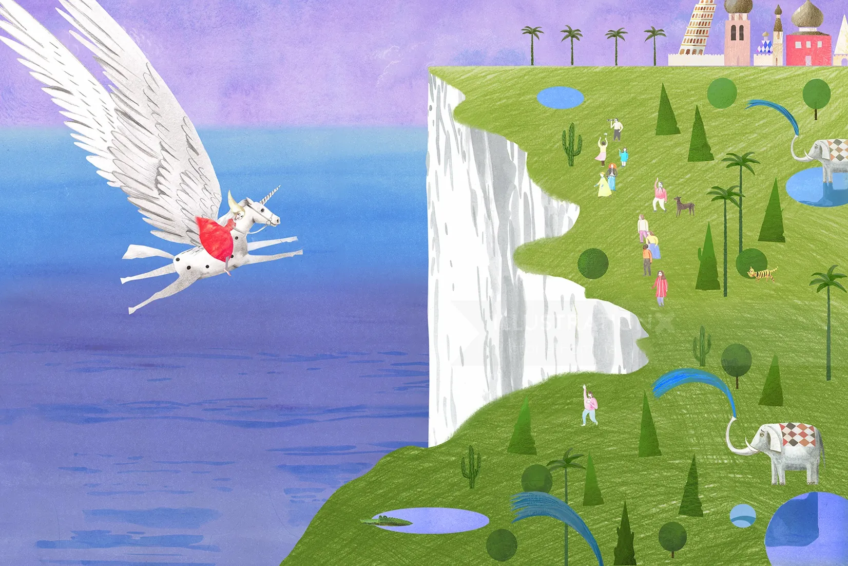 Fantasy flying horse near cliff over surreal green landscape by Victoria Fomina