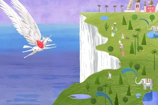 Fantasy flying horse near cliff over surreal green landscape by Victoria Fomina