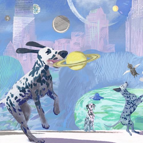 Dalmatian dogs playing with planets in a colorful space city by Victoria Fomina