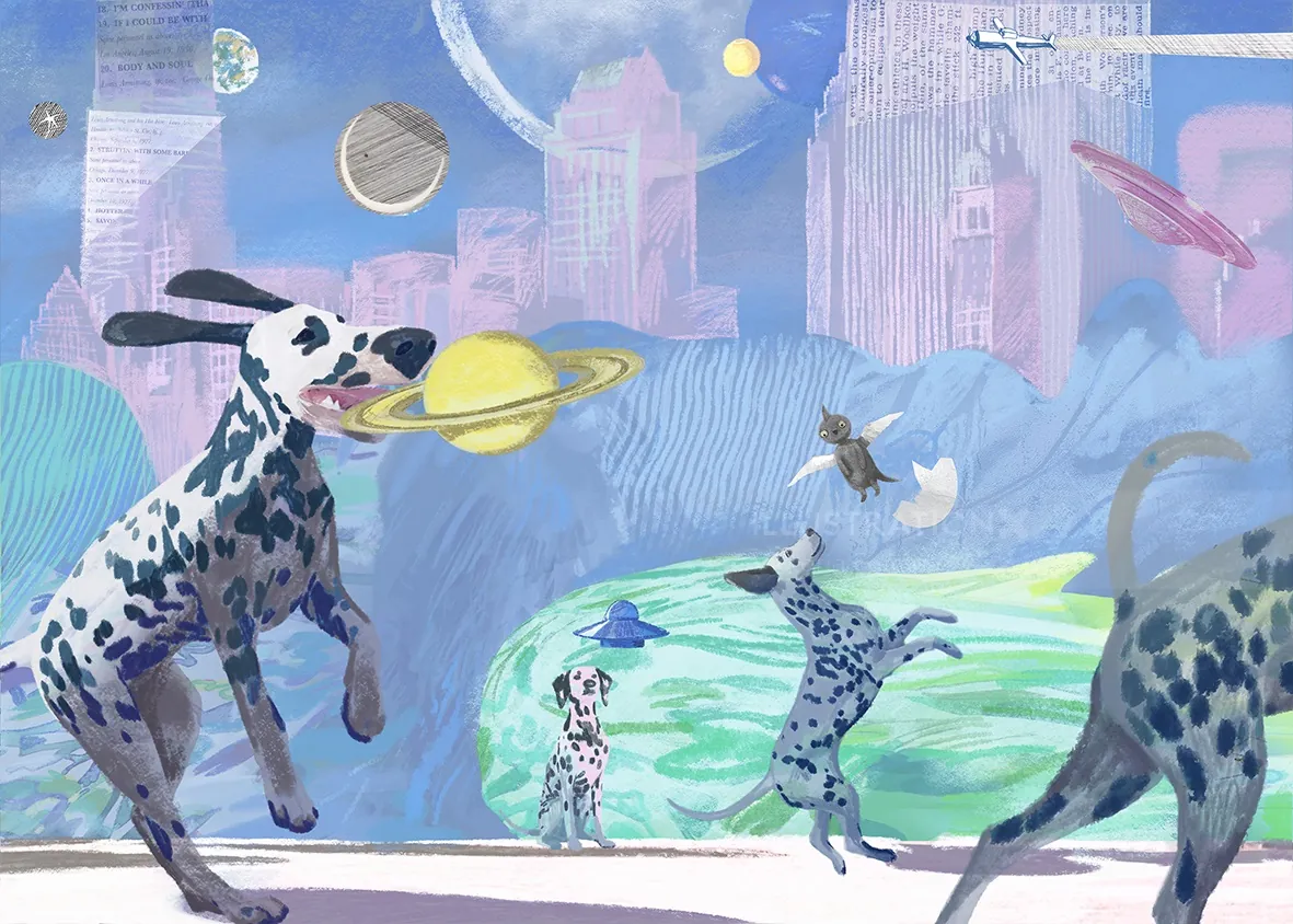 Dalmatian dogs playing with planets in a colorful space city by Victoria Fomina