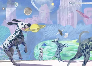 Dalmatian dogs playing with planets in a colorful space city by Victoria Fomina