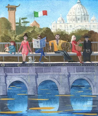 Illustration of people sitting on a bridge near Vatican, by Victoria Fomina