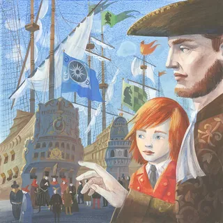 Historical ships with sails and two figures, a man and a red-haired child, by Victoria Fomina